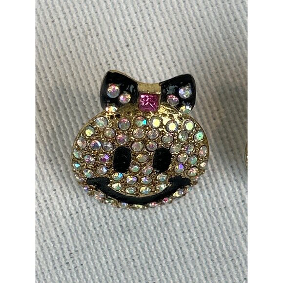 Smiley Face Rhinestone Stud Earrings Black Hair Bow Gold Tone - Picture 5 of 7